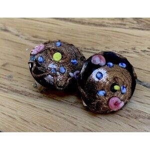 Vintage Murano Glass Venetian Wedding Cake Earrings Clip Round Black Multicolor